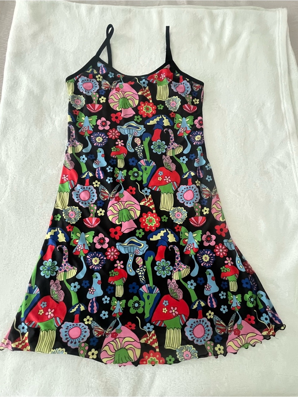 Current Mood Black Maxi Slip Dress with Bright Floral & Mushroom Print